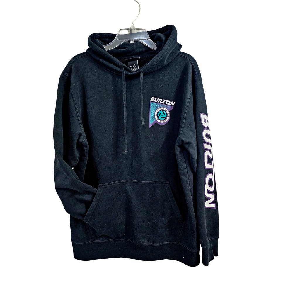 Burton Sequoia PO Black Graphic Hoodie Mens Medium 22150 Retro Logo Sleeve Print